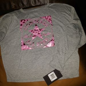 Brand New GIRLS Converse Ls Crop TEES Gray w/Metallic pink leopard